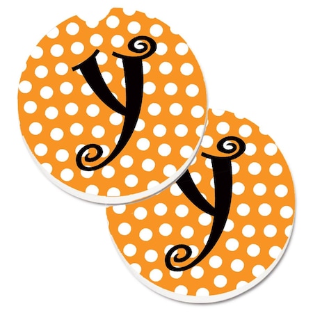 Carolines Treasures Monogram Initial Y Orange Polkadots Set of 2 Cup Holder Car Coaster CJ1033-YCARC